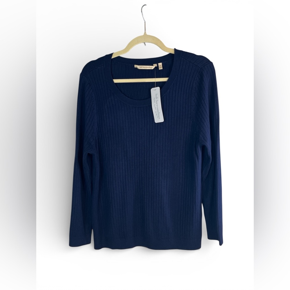 Soft Surroundings Navy Ribbed Pullover Sweater PXL Lightweight‎ Stretch Knit Top